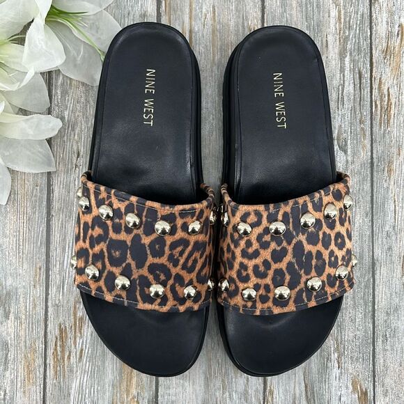 Women’s Leopard Print Studded Slides Sandals Shoes Size 9 - Picture 2 of 8